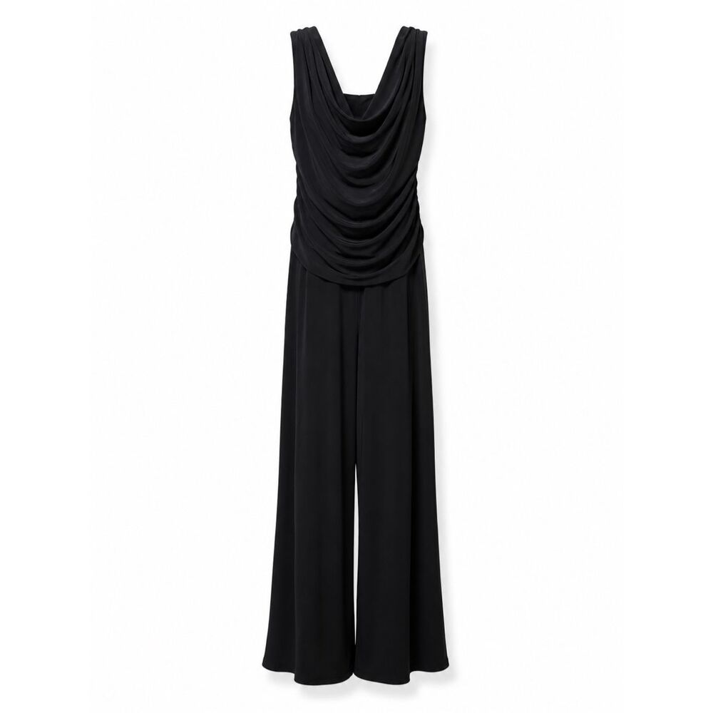 R&M Richards Black Ruched Draped Wide Leg Jumpsuit Size 14